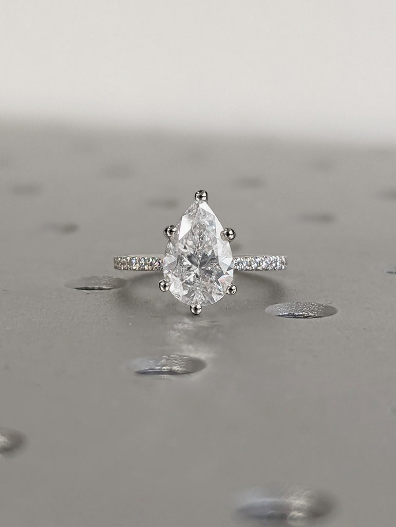 2.5 CT Pear Lab Grown Diamond Hidden Halo Engagement Ring in 14k White Gold | 6 Prongs Ring | Pear Cut CVD Diamond Ring | Paved Lab Diamond Eternity Band