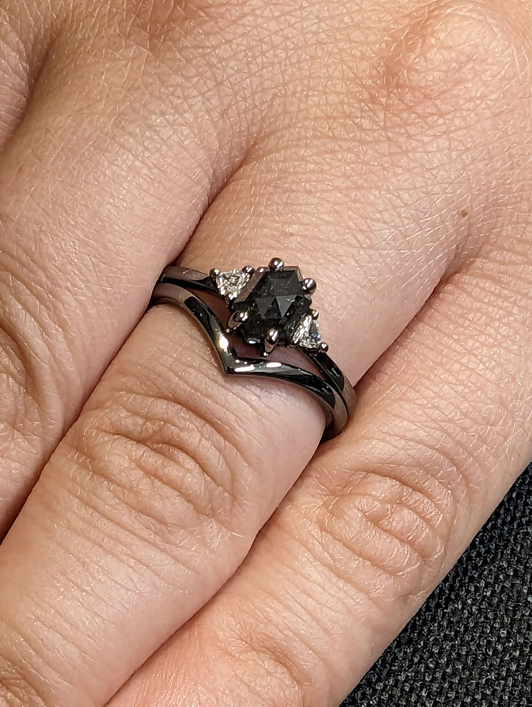 1ct Hexagon Salt and Pepper Diamond Engagement Ring Set | 14K Black Gold Triangle Diamond Promise Ring | Unique Wedding Anniversary Ring