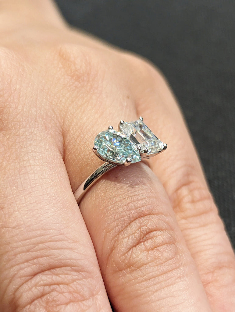 Pear and Emerald Cut Toi Et Moi Moissanite Ring / Light Blue Pear Moissanite Engagement Ring / White Gold Anniversary Ring / Two Stone Ring