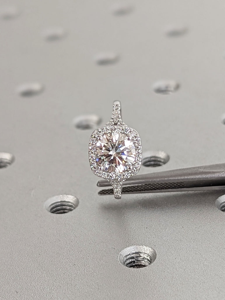 Round CVD Diamond Delicate Engagement Ring | Solid White Gold Cushion Halo Ring | Women Promise Ring image #6