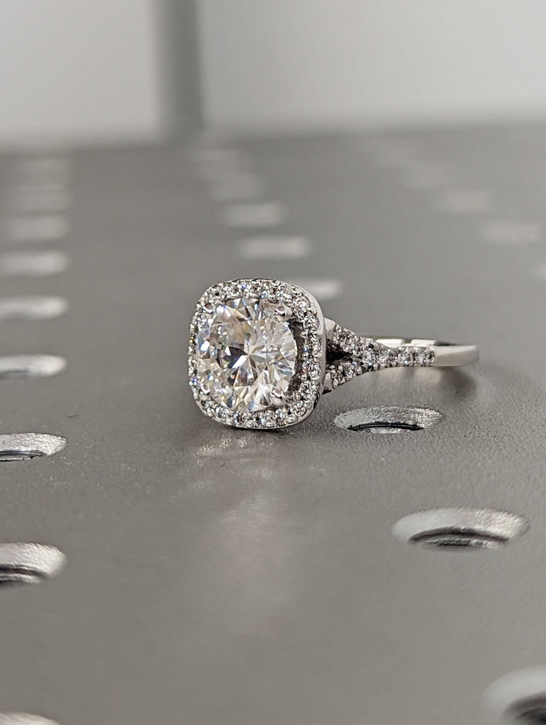 Round CVD Diamond Delicate Engagement Ring | Solid White Gold Cushion Halo Ring | Women Promise Ring image #7