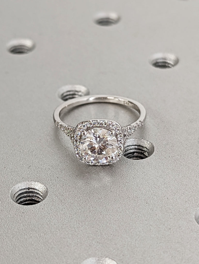 Round CVD Diamond Delicate Engagement Ring | Solid White Gold Cushion Halo Ring | Women Promise Ring image #9