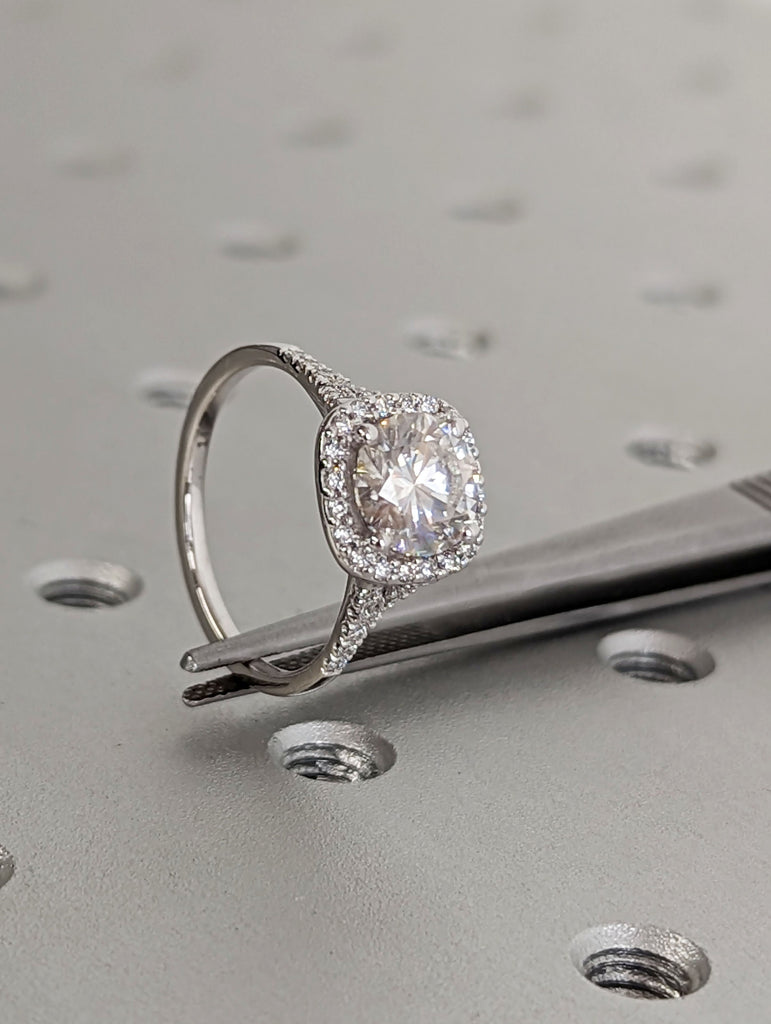 Round CVD Diamond Delicate Engagement Ring | Solid White Gold Cushion Halo Ring | Women Promise Ring image #5