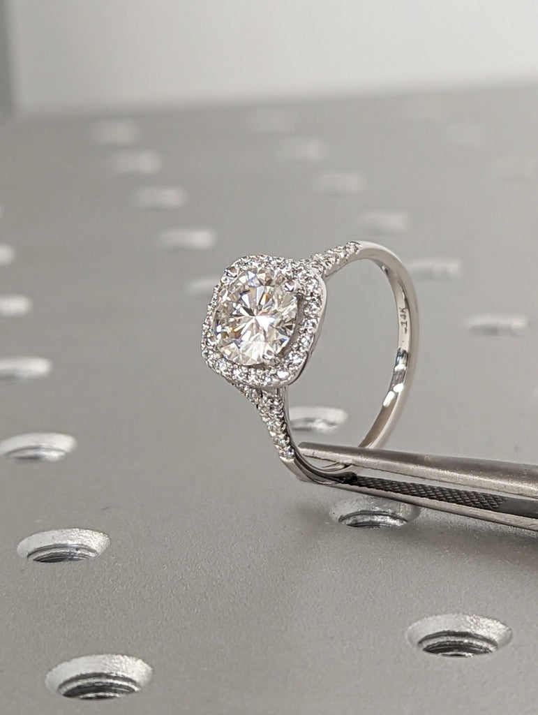 Round CVD Diamond Delicate Engagement Ring | Solid White Gold Cushion Halo Ring | Women Promise Ring image #1