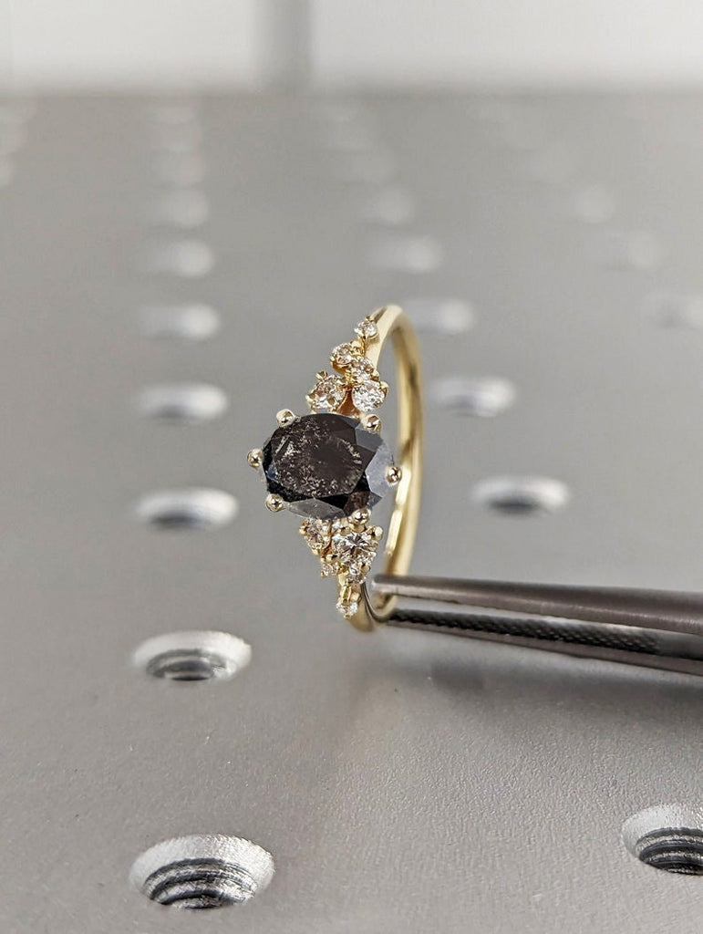 Salt and Pepper Ring Vintage Diamond Engagement Ring 14K Gold Unique Snowdrift 6 Prong Engagement Ring Diamond Wedding Ring For Her Art Deco image #2