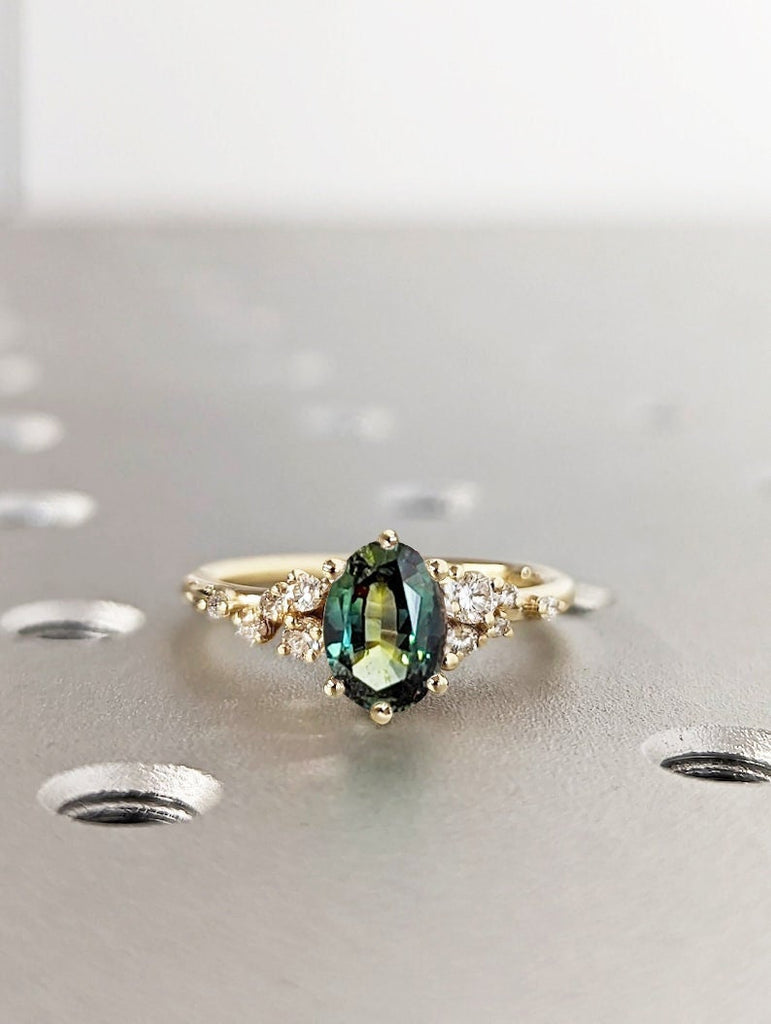 Blue Green Sapphire Ring. Peacock Engagement Ring. Oval Teal Sapphire Ring. 14K Yellow Gold Engagement Ring. Cluster Diamond Ring. Art Deco. image #2