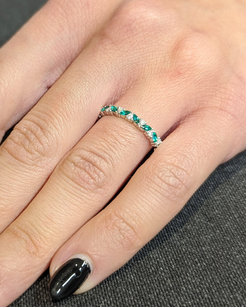Emerald Marquise Band Ring, 14k Solid Gold Eternity Wedding Band Women, Dainty Stacking Ring, Green Gemstone, Diamond Ring, Christmas Gifts image #9