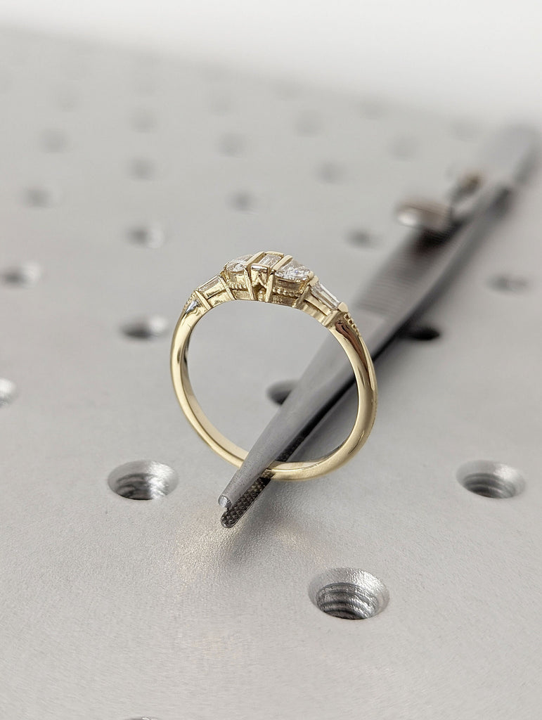 14K Yellow Gold Half Moon, Baguette Diamond Proposal Ring Milgrain Engraving