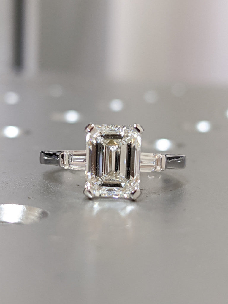 1.5 Carat D-F Color VVS-VS Clarity Emerald Cut Three Stone Lab Grown Diamond Engagement Ring, Side Tapered Baguettes 14k Solid White Gold image #2
