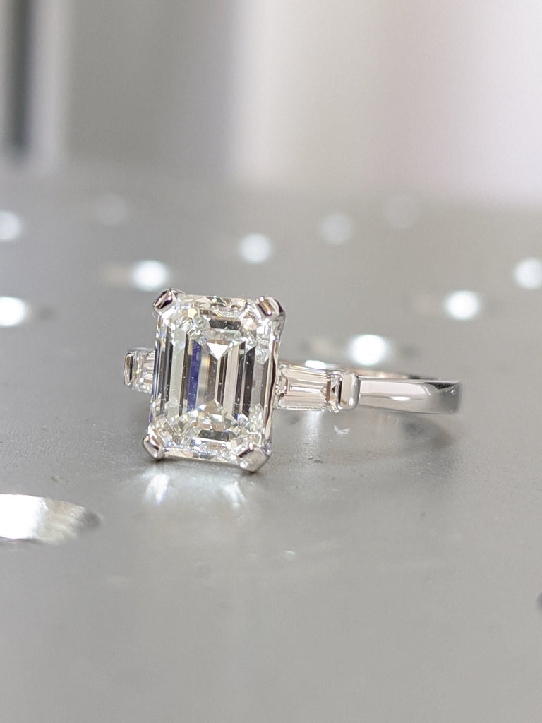 1.5 Carat D-F Color VVS-VS Clarity Emerald Cut Three Stone Lab Grown Diamond Engagement Ring, Side Tapered Baguettes 14k Solid White Gold
