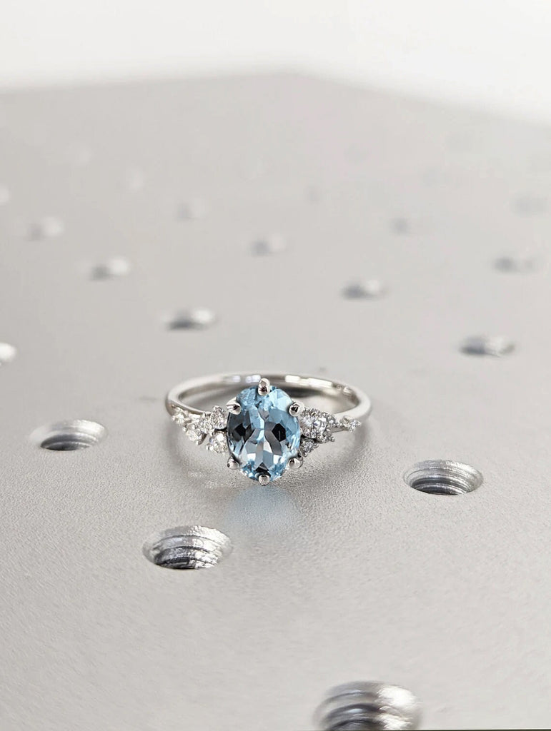 Oval Aquamarine Ring- Solid Gold Blue Gemstone Engagement Ring for Women- Promise Ring- March Birthstone- Snowdrift 6 Prongs- Cluster Ring image #2