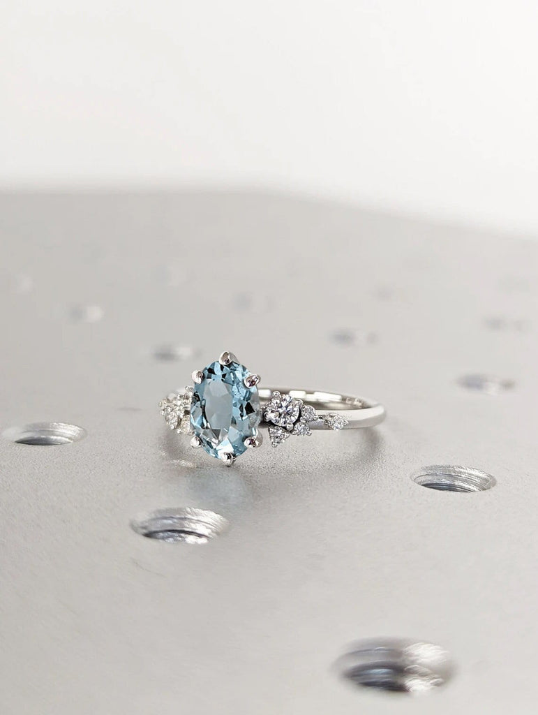 Oval Aquamarine Ring- Solid Gold Blue Gemstone Engagement Ring for Women- Promise Ring- March Birthstone- Snowdrift 6 Prongs- Cluster Ring image #1