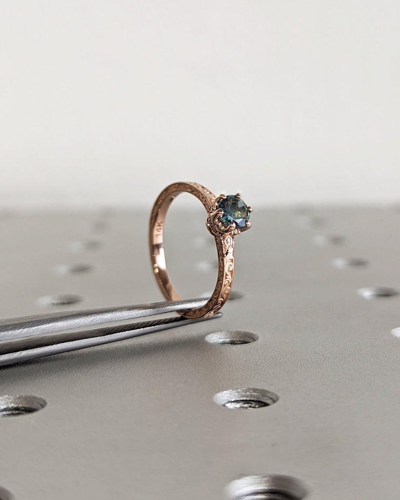 14k Rose Gold Blue Green Sapphire Round cut Solitaire Ring: With Hidden Halo and Hand Engrave Filigree Band