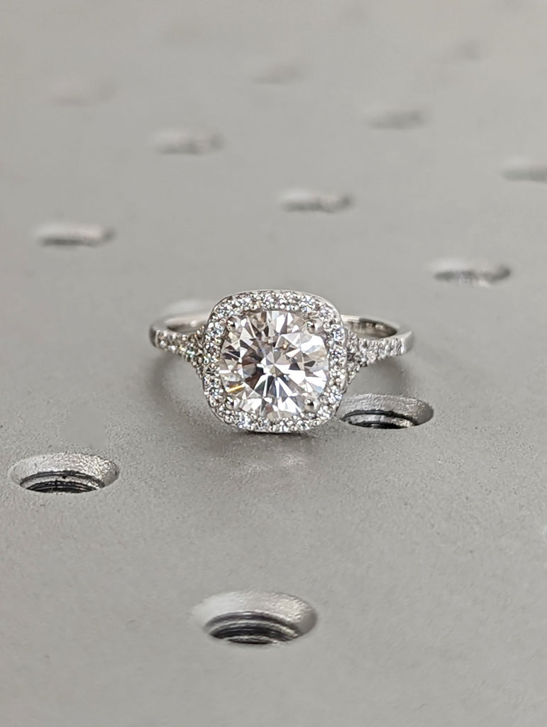 Round CVD Diamond Delicate Engagement Ring | Solid White Gold Cushion Halo Ring | Women Promise Ring image #8