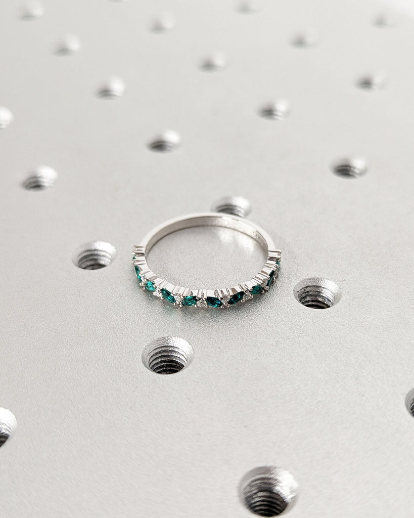 Emerald Marquise Band Ring, 14k Solid Gold Eternity Wedding Band Women, Dainty Stacking Ring, Green Gemstone, Diamond Ring, Christmas Gifts image #3