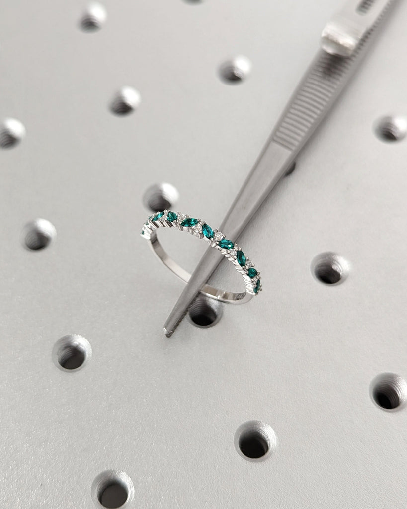 Emerald Marquise Band Ring, 14k Solid Gold Eternity Wedding Band Women, Dainty Stacking Ring, Green Gemstone, Diamond Ring, Christmas Gifts image #7