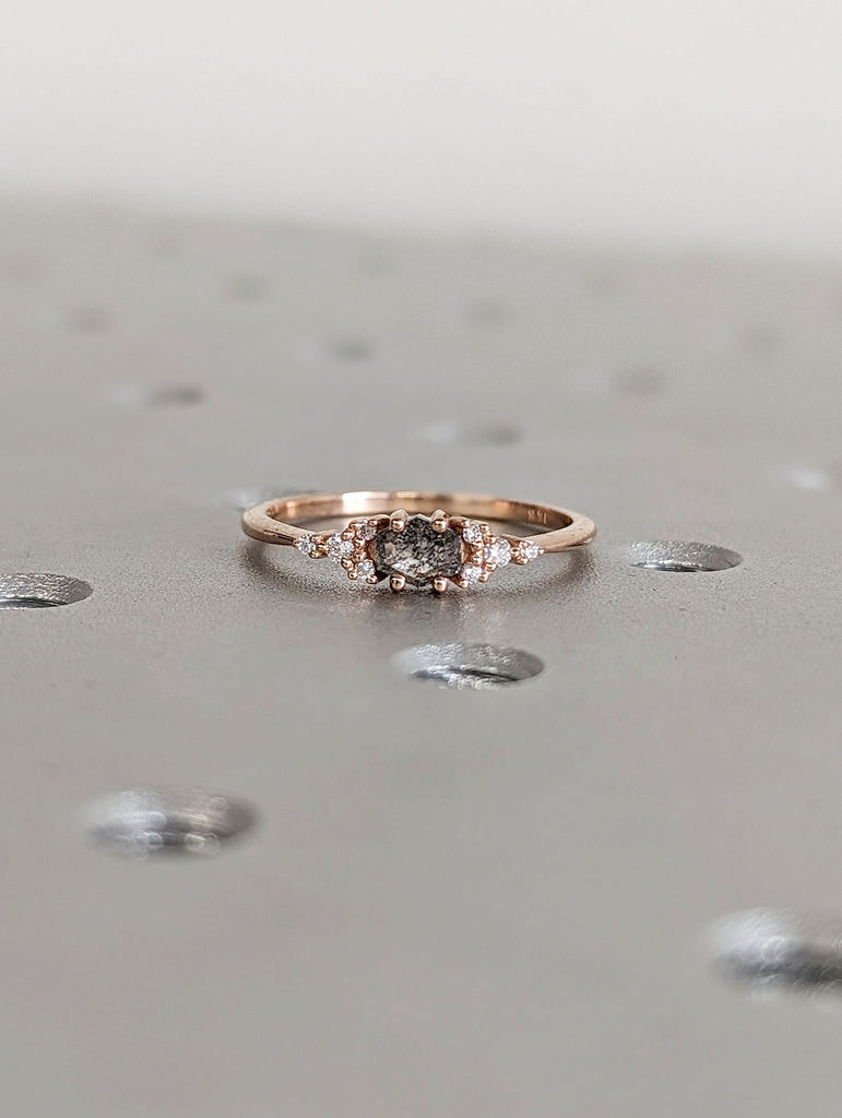 Hexagon Salt and Pepper Diamond 14K Rose Gold Diamond Clusters Engagement Ring