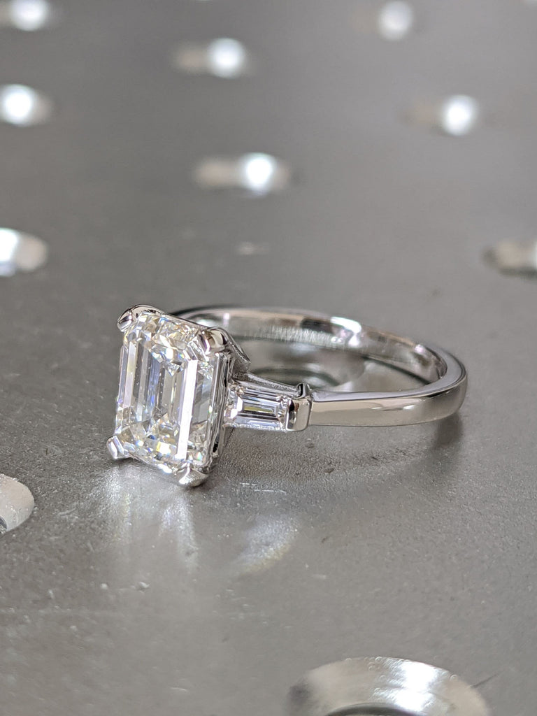 1.5 Carat D-F Color VVS-VS Clarity Emerald Cut Three Stone Lab Grown Diamond Engagement Ring, Side Tapered Baguettes 14k Solid White Gold image #3