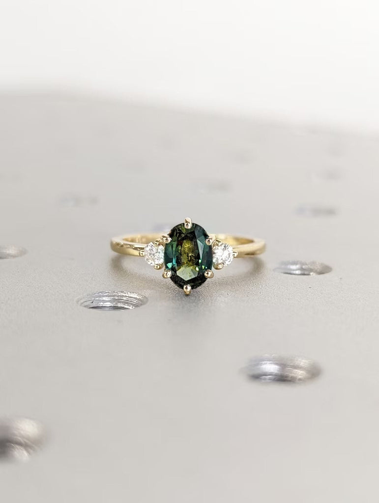 Delicate Vintage Engagement Ring, Oval Cut | Green Sapphire 14k Yellow Gold Ring | Anniversary Gifts