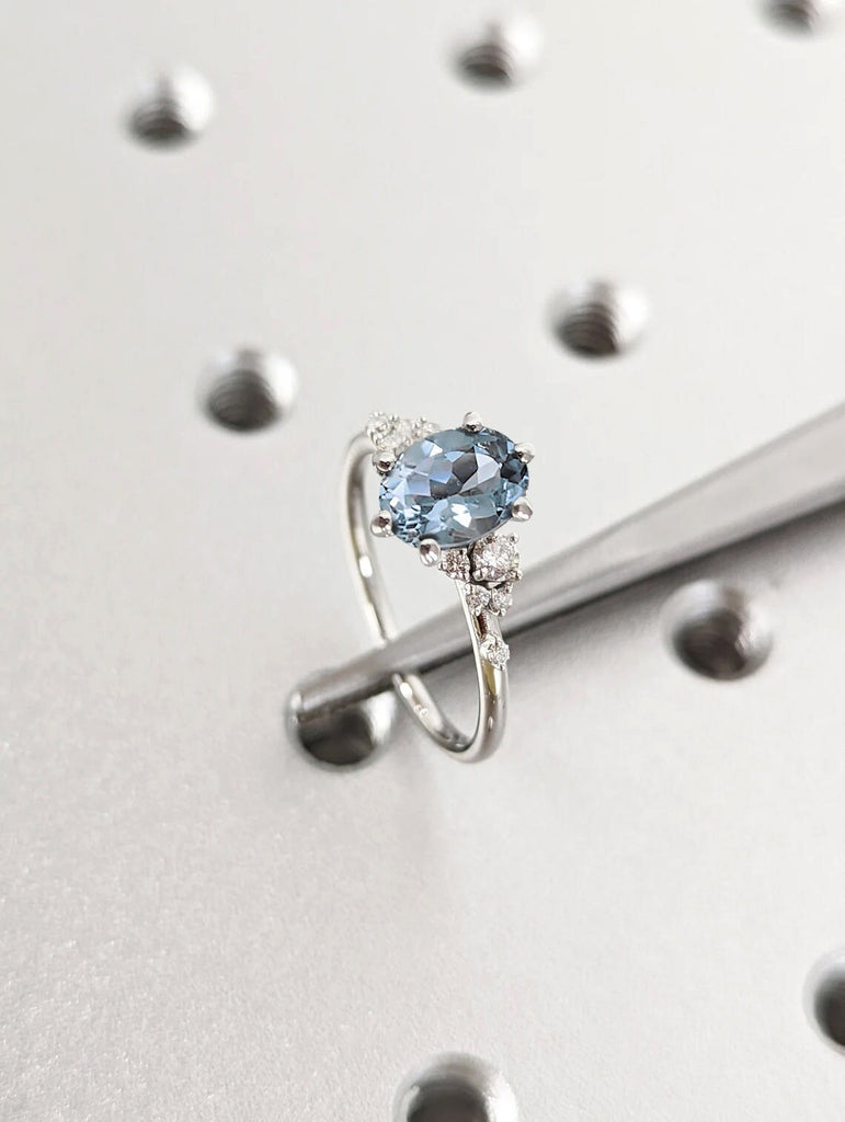 Oval Aquamarine Ring- Solid Gold Blue Gemstone Engagement Ring for Women- Promise Ring- March Birthstone- Snowdrift 6 Prongs- Cluster Ring image #4
