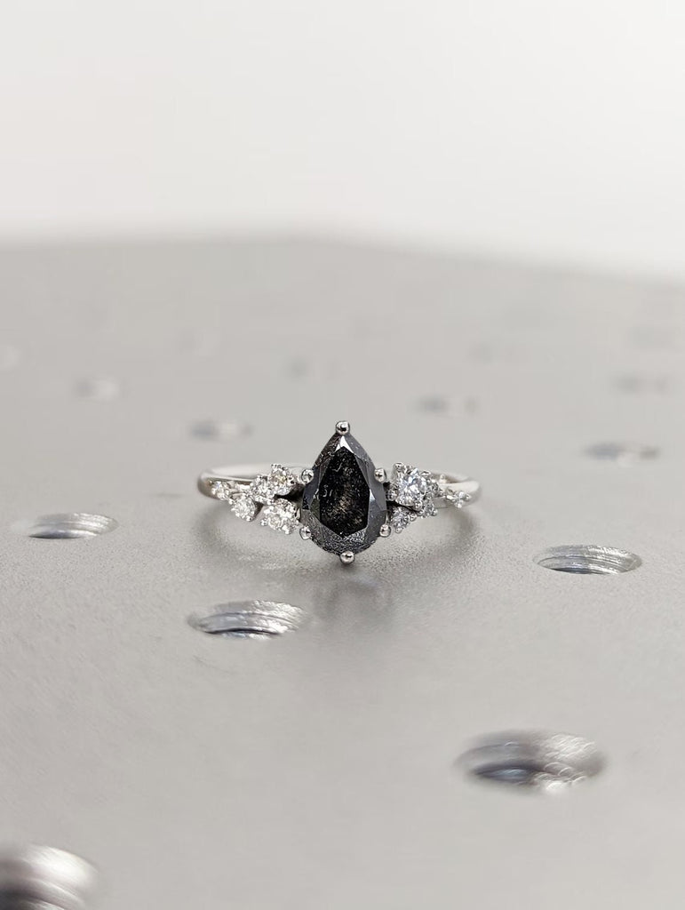 Raw Diamond Round Snowdrift Diamond, Salt and Pepper, Unique Engagement Ring, Snowdrift Cluster Ring, 14k Gold, Custom Handmade, Art Deco