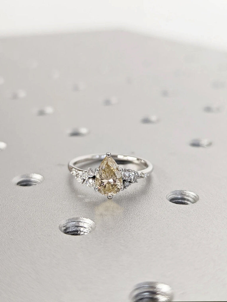 Pear Cut Champagne Moissanite Ring Vintage Yellow Moissanite Engagement Ring Solid Gold Unique Snowdrift 6 Prongs Engagement Ring Diamond