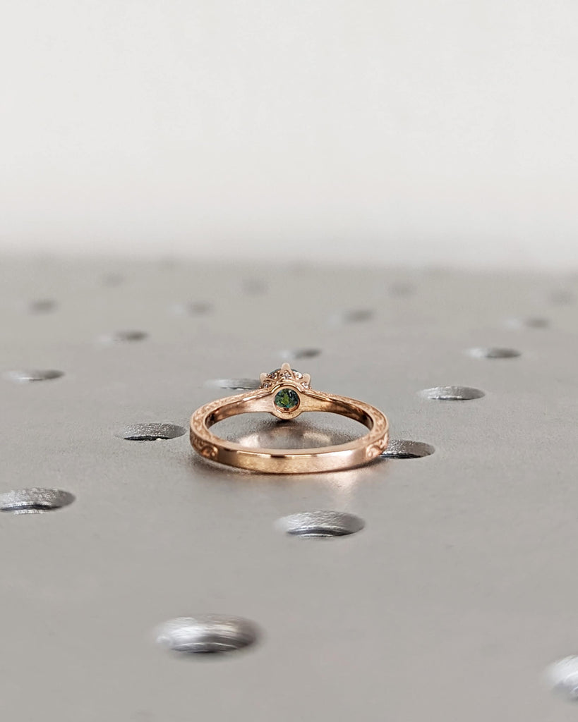 Vintage Teal Sapphire Hidden Halo Engagement Ring | Sapphire and Diamond Rose Gold Wedding Ring | Hand Engraved Filigree Proposal Ring