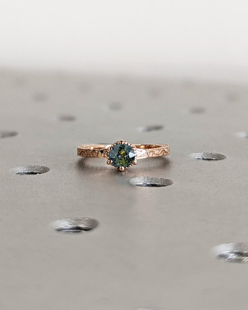 Vintage Teal Sapphire Hidden Halo Engagement Ring | Sapphire and Diamond Rose Gold Wedding Ring | Hand Engraved Filigree Proposal Ring
