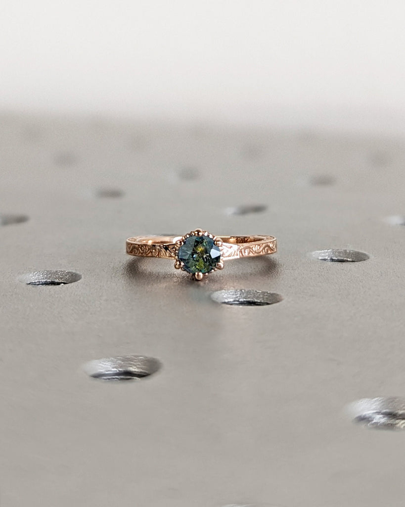 14k Rose Gold Blue Green Sapphire Round cut Solitaire Ring: With Hidden Halo and Hand Engrave Filigree Band