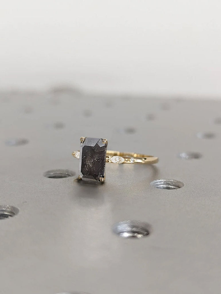 2 Carat Salt and Pepper Emerald Cut Diamond Ring | Art Deco Marquise Engagement | Minimalist Emerald Ring for a Unique and Elegant Statement image #4
