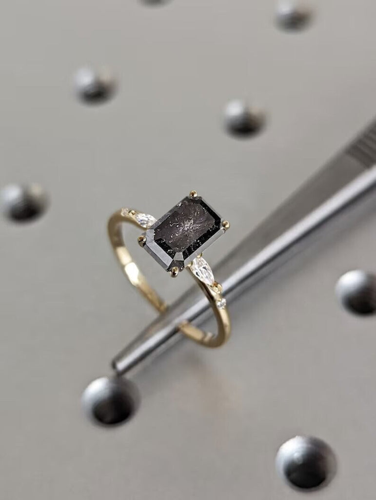 2 Carat Salt and Pepper Emerald Cut Diamond Ring | Art Deco Marquise Engagement | Minimalist Emerald Ring for a Unique and Elegant Statement image #1