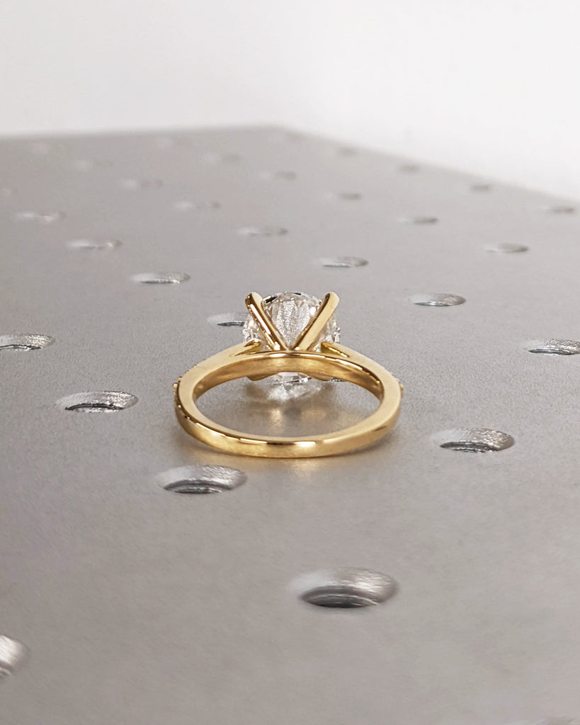Classic Round Cut Lab Diamond Engagement Ring, Pavé White Diamond Band Bridal Ring, 18K Solid Yellow Gold Lab Grown Diamond Wedding Band image #3