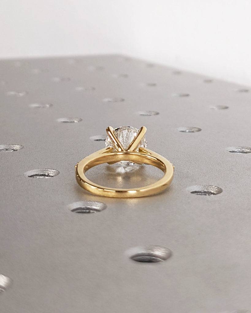 Classic Round Cut Lab Diamond Engagement Ring, Pavé White Diamond Band Bridal Ring, 18K Solid Yellow Gold Lab Grown Diamond Wedding Band