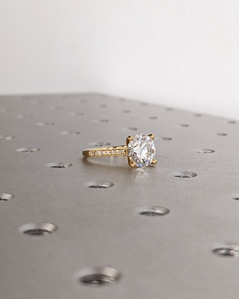 Classic Round Cut Lab Diamond Engagement Ring, Pavé White Diamond Band Bridal Ring, 18K Solid Yellow Gold Lab Grown Diamond Wedding Band