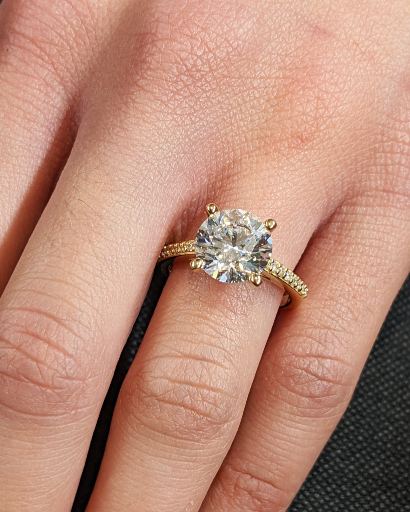 Classic Round Cut Lab Diamond Engagement Ring, Pavé White Diamond Band Bridal Ring, 18K Solid Yellow Gold Lab Grown Diamond Wedding Band