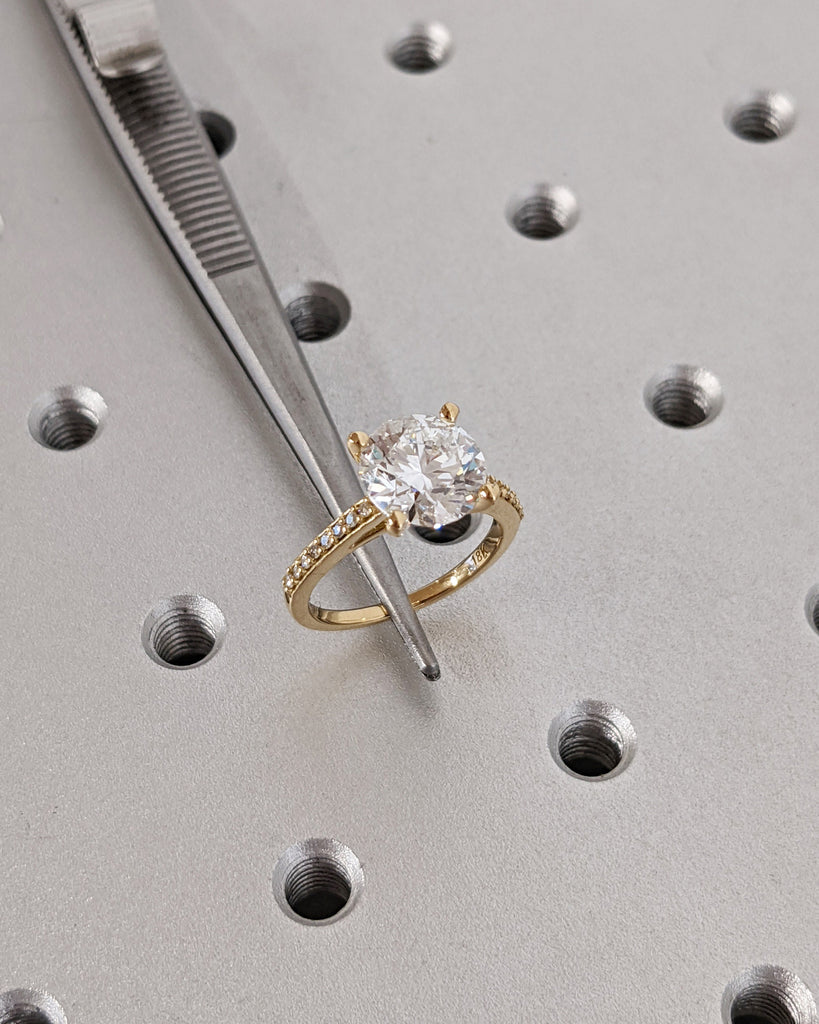 Classic Round Cut Lab Diamond Engagement Ring, Pavé White Diamond Band Bridal Ring, 18K Solid Yellow Gold Lab Grown Diamond Wedding Band