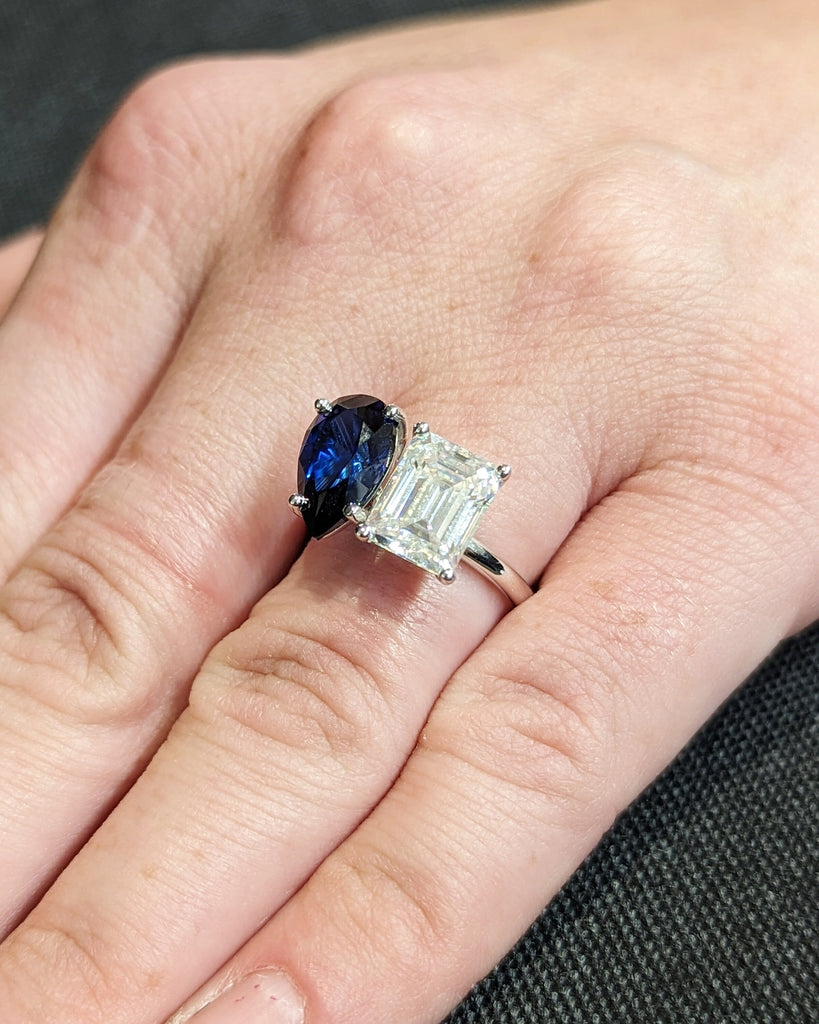 Trellis Double Stone Engagement Ring Pear Cut Blue Sapphire and Emerald Cut Moissanite Two Stone Wedding Ring 14K Solid Gold Toi Et Moi Ring