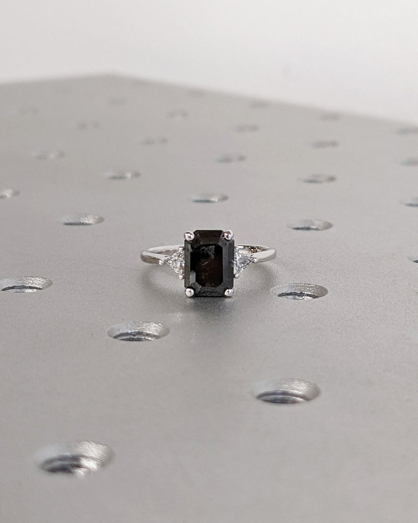 14K Solid White Gold Emerald Cut Salt and Pepper Wedding Band, Unique Trillion White Diamond Engagement Ring
