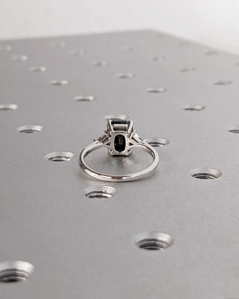 14K Solid White Gold Emerald Cut Salt and Pepper Wedding Band, Unique Trillion White Diamond Engagement Ring
