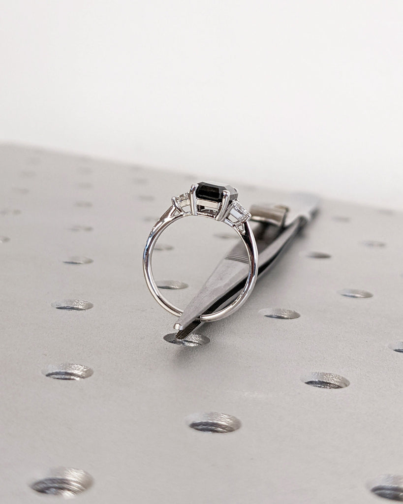 14K Solid White Gold Emerald Cut Salt and Pepper Wedding Band, Unique Trillion White Diamond Engagement Ring