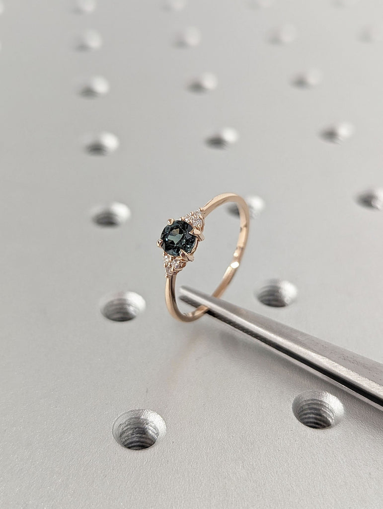 Round Peacock Sapphire Promise Ring 14K Rose Gold Diamond Cluster