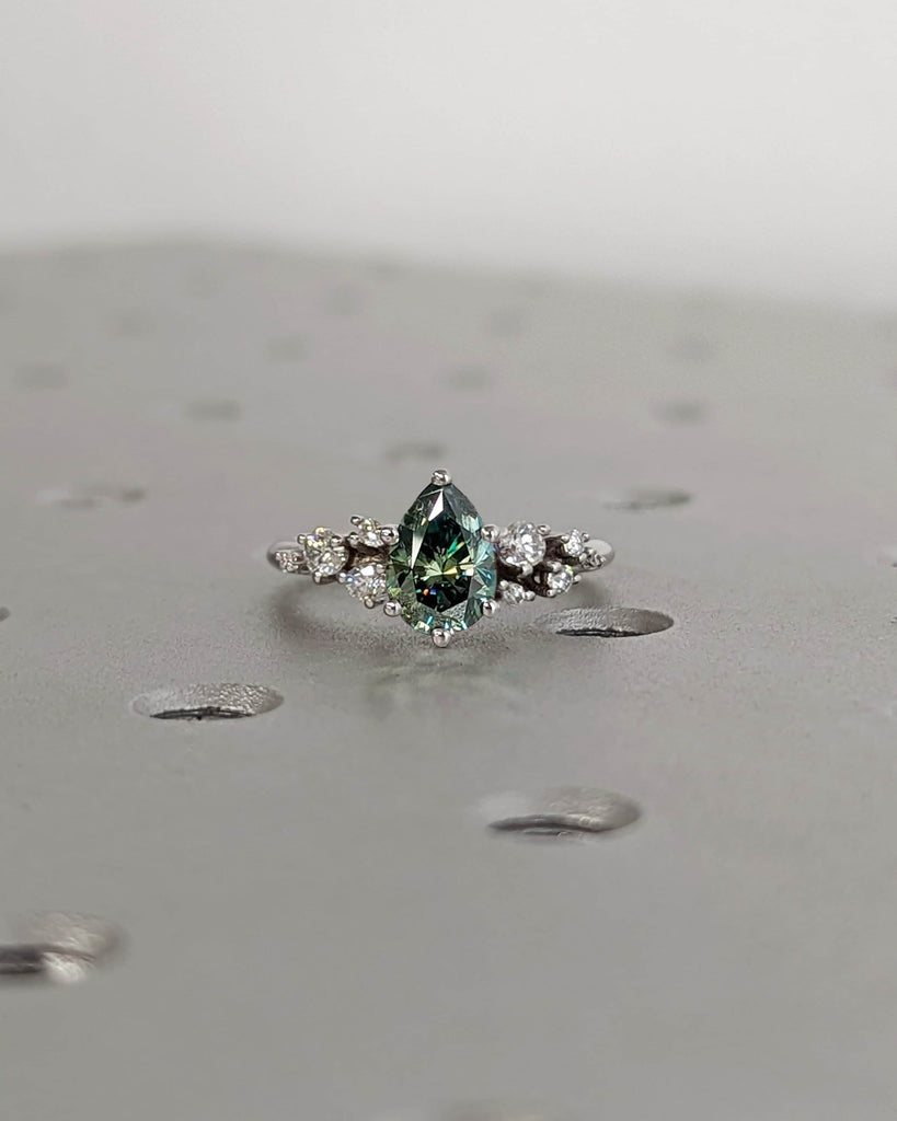 Colored Moissanite Engagement, Green Moissanite Ring, Vintage Blue-Green Pear Engagement Ring, Green Color Moissanite Snowdrift 6 Prong Ring