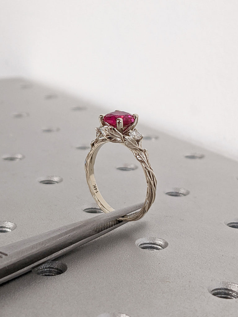 1ct Round Lab Ruby 14K White Gold Promise Ring | Nature Inspired Leaves Motif Engagement Ring | Custom Wedding Anniversary Ring for Her image #8