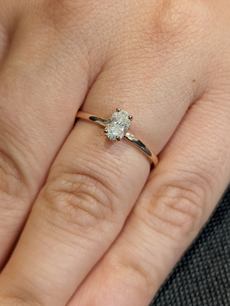 0.5ct Oval Crush Ice Moissanite Solitaire Promise Ring | 14K Rose Gold Diamond Hidden Halo Engagement Ring | Unique Wedding Anniversary Ring