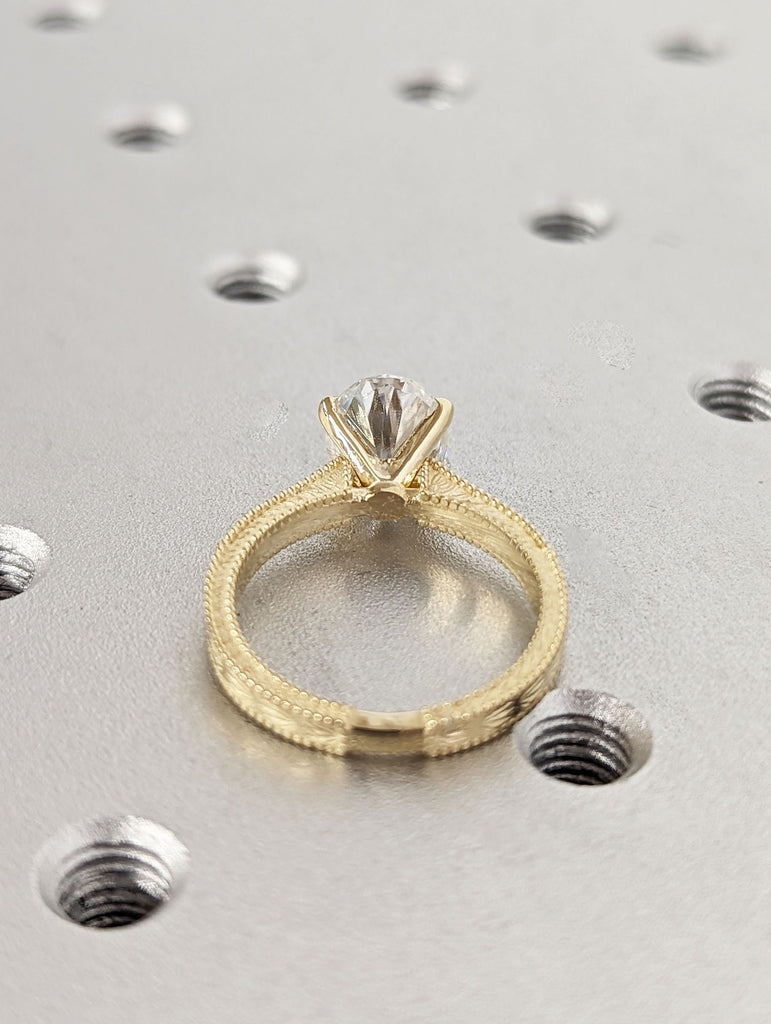 2ct Oval Lab Diamond Vintage Promise Ring | 14K Yellow Gold Milgrain Engagement Ring | Custom Leaves Engraving Wedding Jewellery for Her image #6