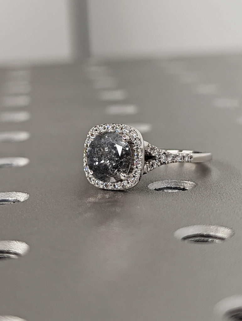 1.5ct Round Salt and Pepper Diamond Cushion Halo 14K White Gold Split Shank Engagement Ring