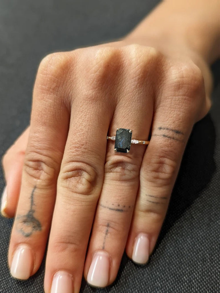 2 Carat Salt and Pepper Emerald Cut Diamond Ring | Art Deco Marquise Engagement | Minimalist Emerald Ring for a Unique and Elegant Statement image #5