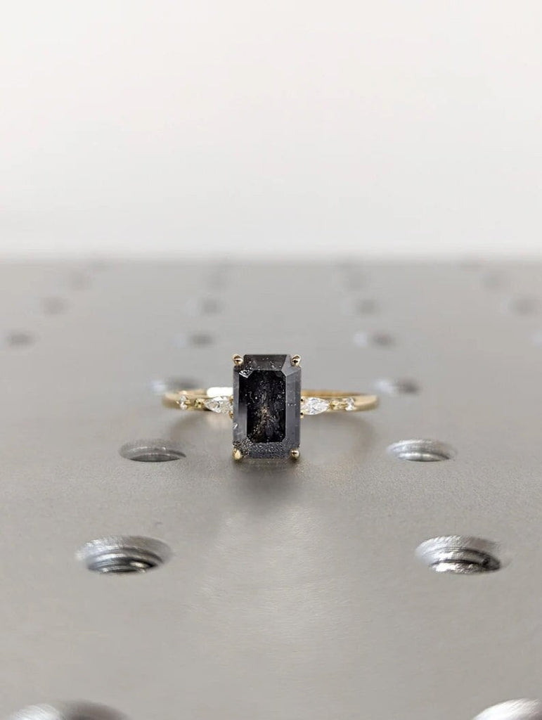 2 Carat Salt and Pepper Emerald Cut Diamond Ring | Art Deco Marquise Engagement | Minimalist Emerald Ring for a Unique and Elegant Statement image #2