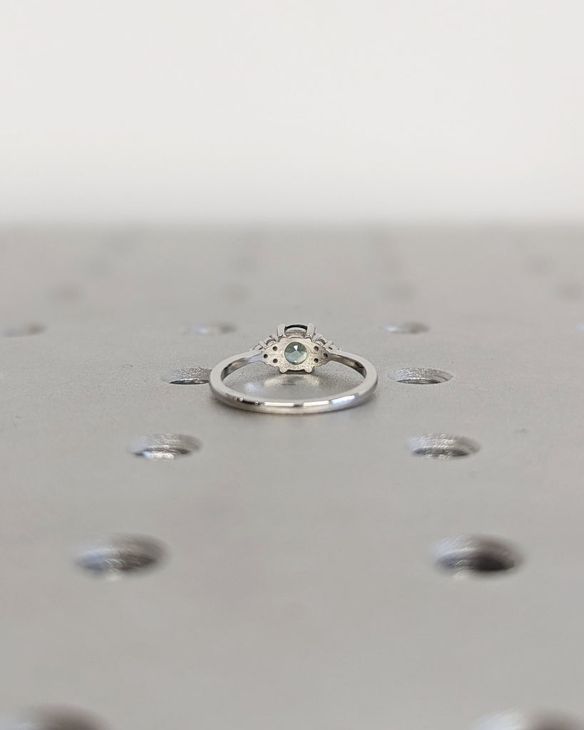 Vintage Peacock Sapphire Engagement Ring | Round Cut Blue Green Teal Sapphire Diamond Cluster | Moissanite Anniversary Cluster | Minimalist