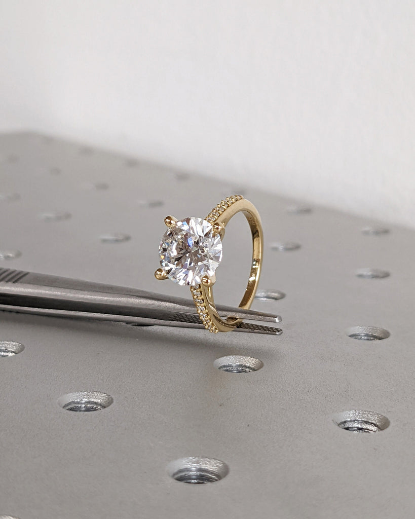 Classic Round Cut Lab Diamond Engagement Ring, Pavé White Diamond Band Bridal Ring, 18K Solid Yellow Gold Lab Grown Diamond Wedding Band image #4